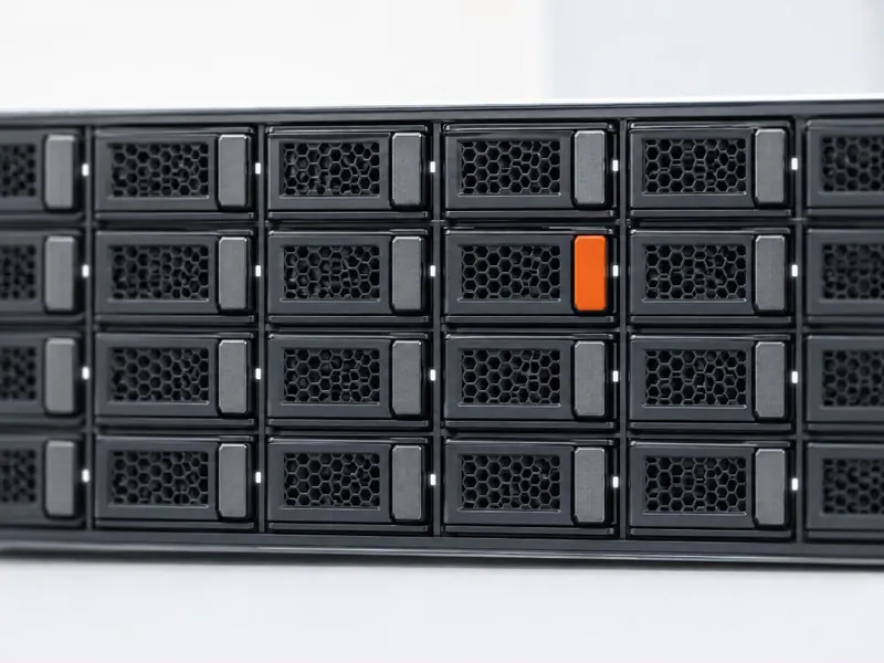The front of a storage server with rows of drive sleds, one of them marked orange.