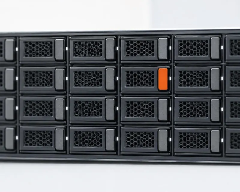 The front of a storage server with rows of drive sleds, one of them marked orange.