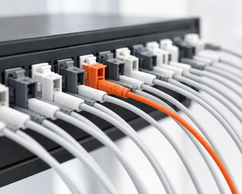 A patch panel with gray cables in every port and one orange cable plugged in.
