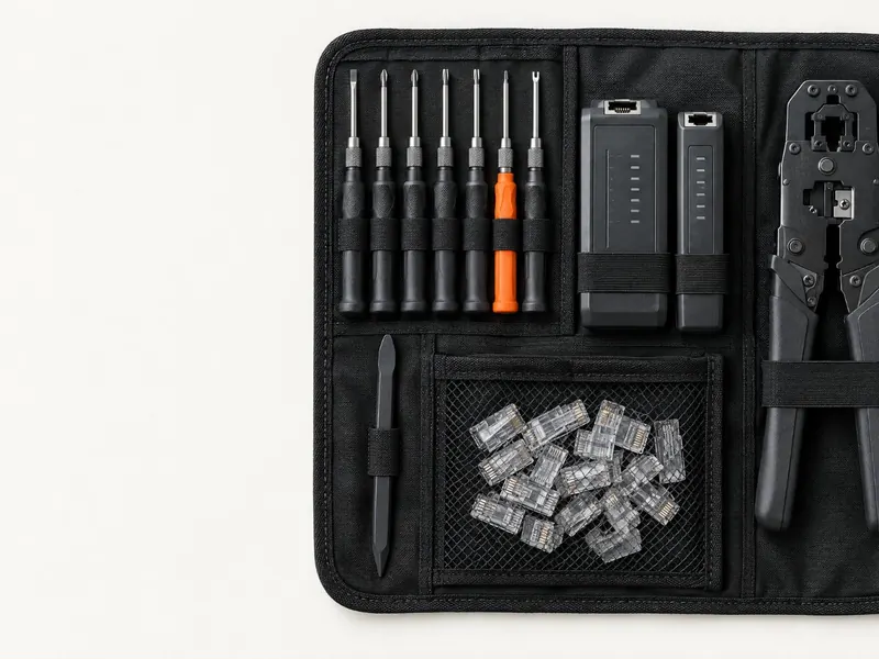 An open technician's tool roll: precision screwdrivers, a cable crimper and connectors, with one orange screwdriver.