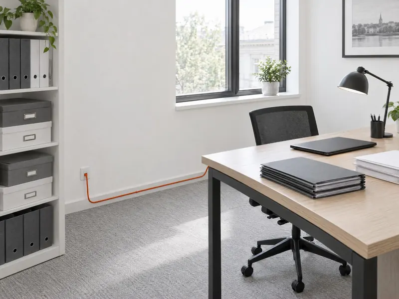 A quiet accounting office with a desk, binders and a laptop, and one orange cable running along the wall.