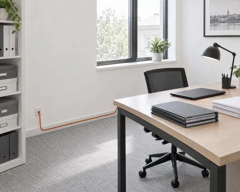 A quiet accounting office with a desk, binders and a laptop, and one orange cable running along the wall.