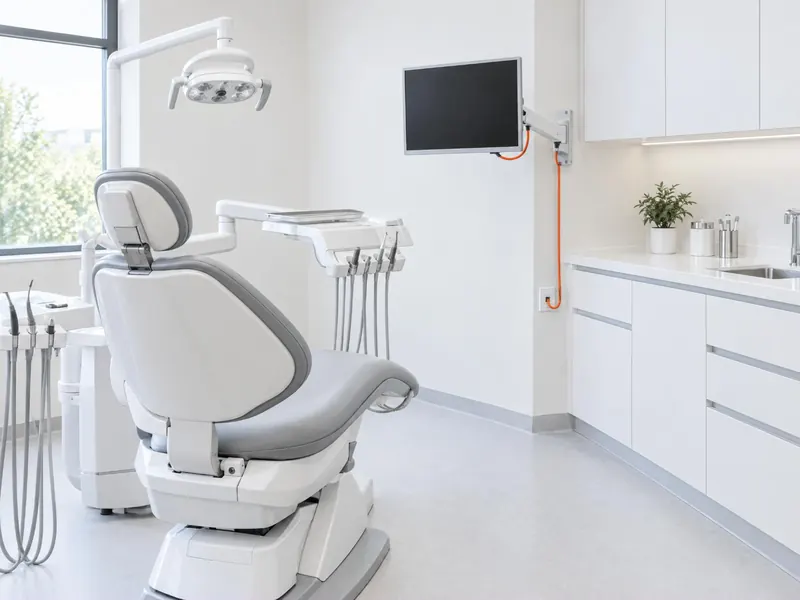 A bright dental treatment room with a chair and a wall-mounted screen, its cable in orange.