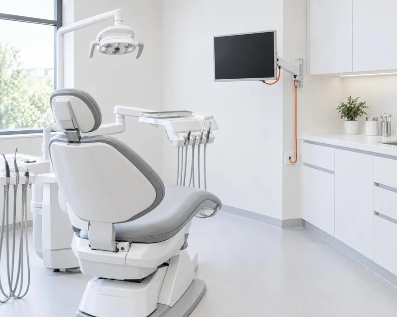 A bright dental treatment room with a chair and a wall-mounted screen, its cable in orange.
