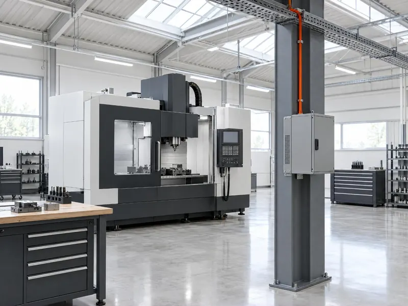 A clean machine shop with CNC machines and one orange cable run down a steel column to a network cabinet.