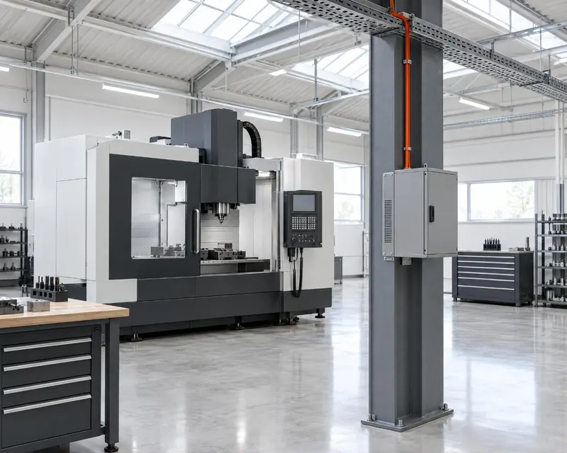 A clean machine shop with CNC machines and one orange cable run down a steel column to a network cabinet.