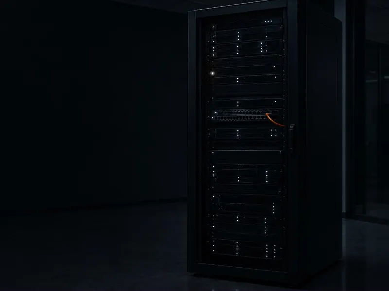 A server rack in a dark room at night, one orange cable catching the light.