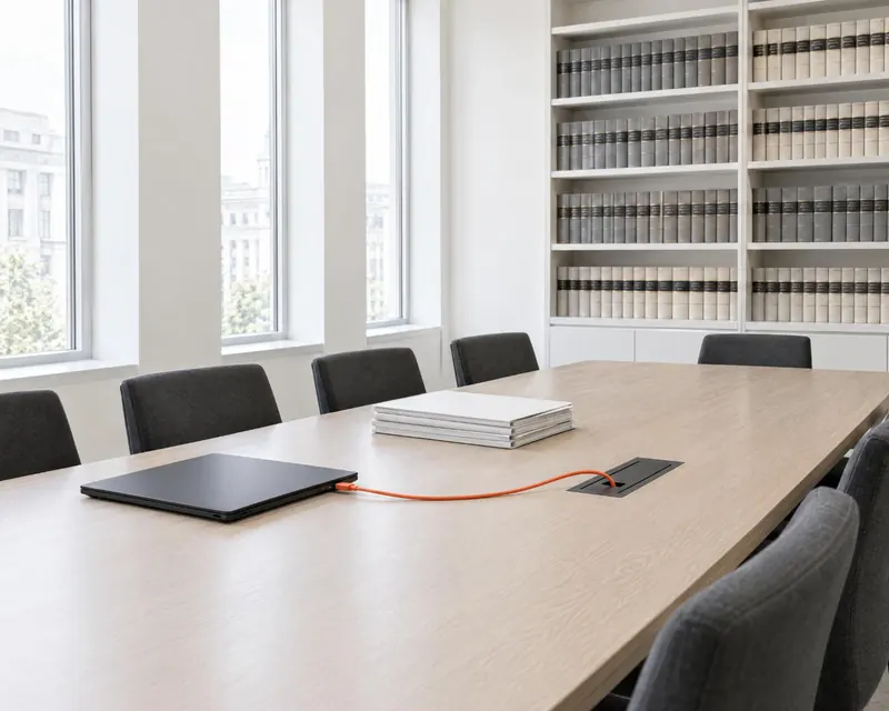 A law firm conference room with a long table, a laptop and shelves of bound volumes, one orange cable to a floor box.