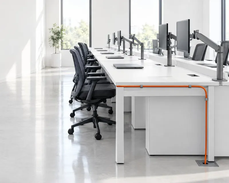 An open-plan office with rows of desks and monitors, one orange cable run down a desk leg to a floor box.