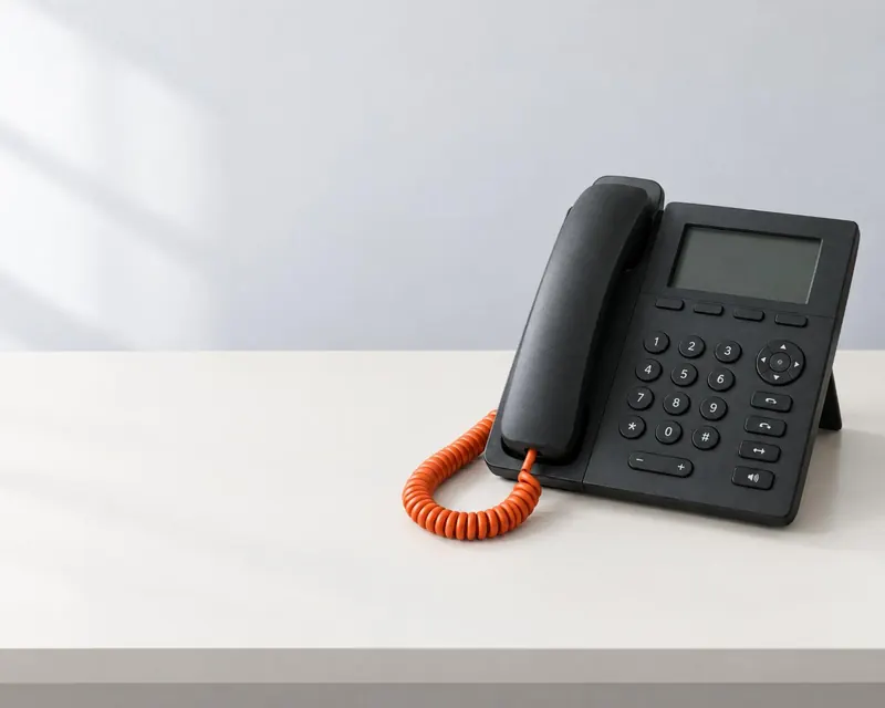 A desk phone on a clean white desk, its coiled handset cord in orange.