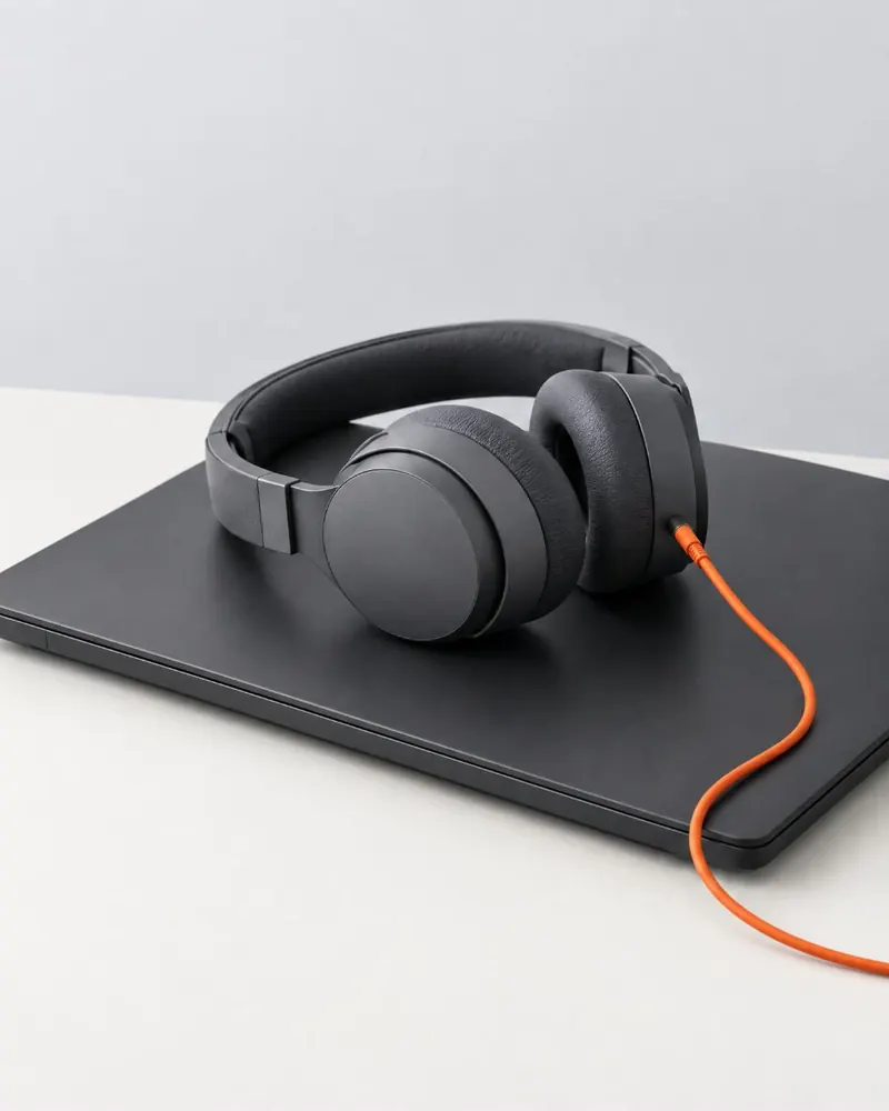 A pair of headphones resting on a closed laptop, with an orange cable.