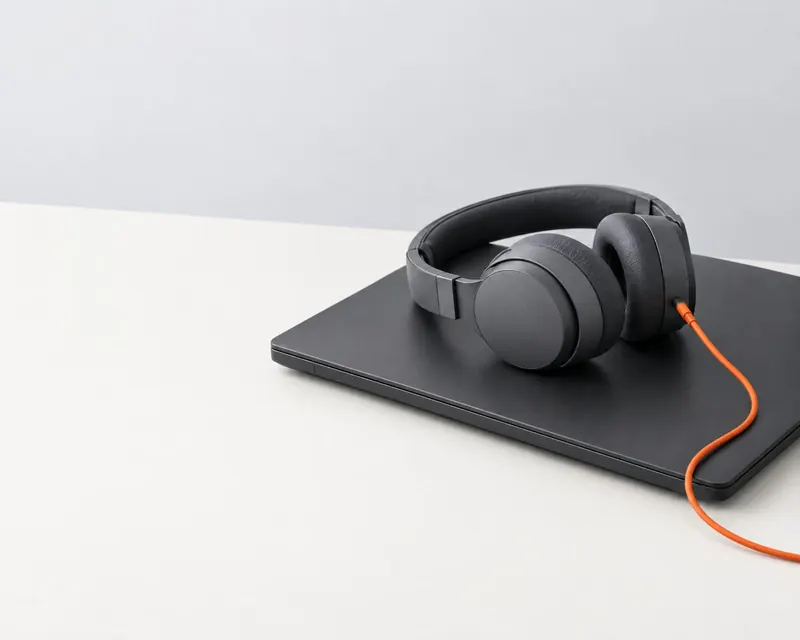 A pair of headphones resting on a closed laptop, with an orange cable.