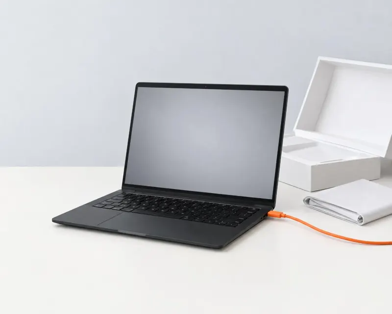 A new laptop out of its box on a clean desk, plugged in with an orange cable.