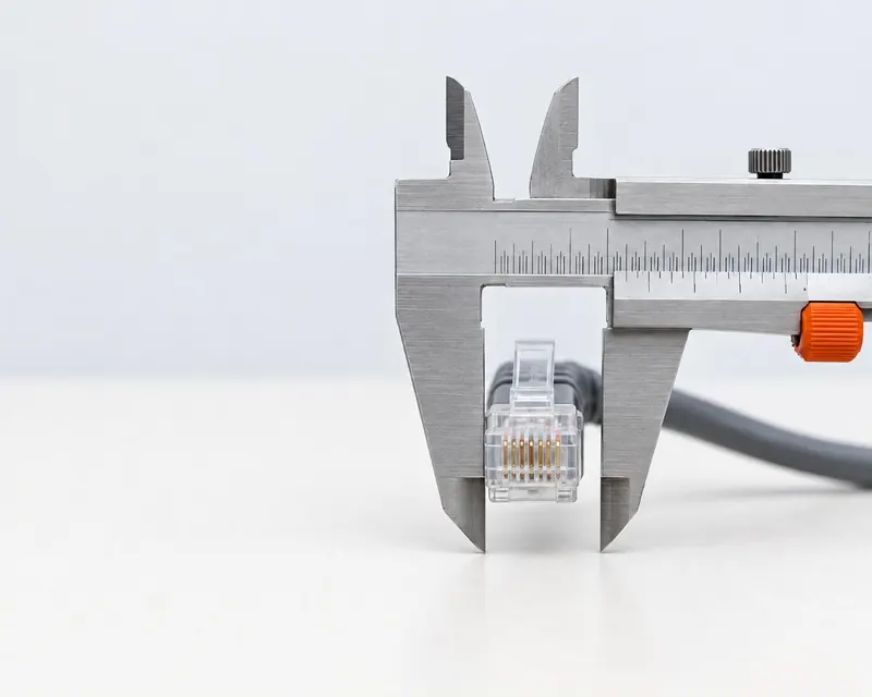A steel caliper measuring a network connector, with an orange thumb wheel.