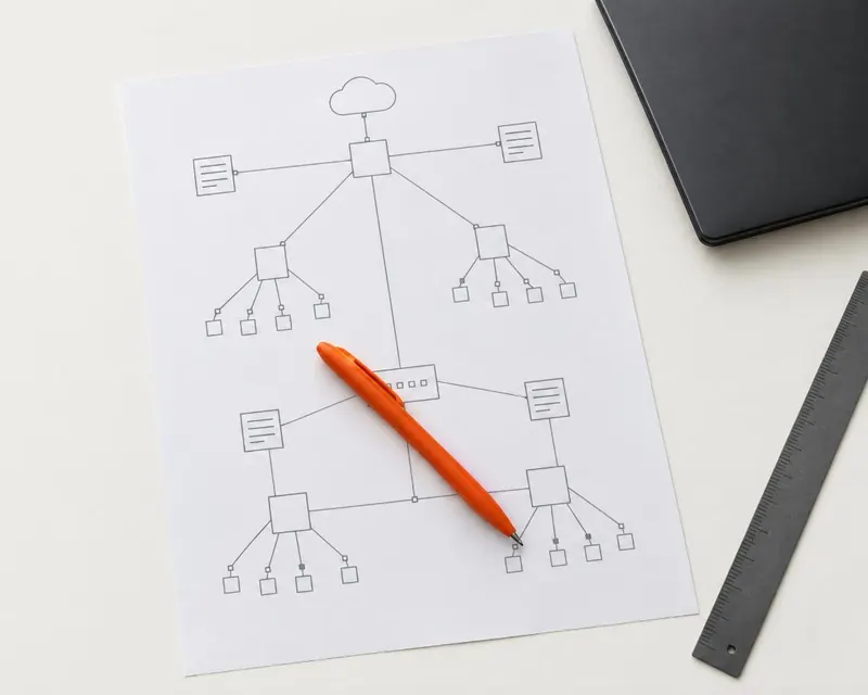A hand-drawn network diagram on paper with an orange pen resting on it, beside a laptop and a ruler.