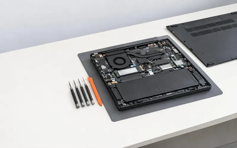 A laptop opened up for repair on a bench mat, precision screwdrivers and one orange pry tool beside it.