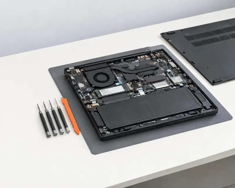 A laptop opened up for repair on a bench mat, precision screwdrivers and one orange pry tool beside it.