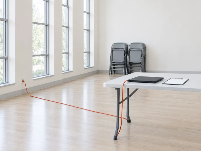 A community hall with a folding table, a closed laptop and a clipboard, folding chairs stacked by the wall, and one orange extension cord to a wall socket.