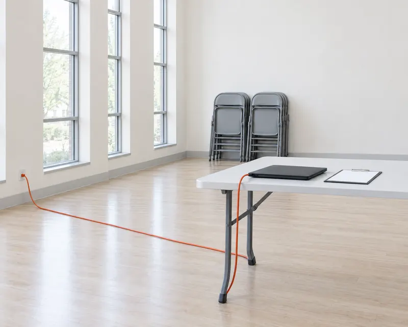 A community hall with a folding table, a closed laptop and a clipboard, folding chairs stacked by the wall, and one orange extension cord to a wall socket.